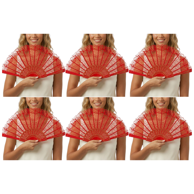 6x Red Lace Hand Fan Bulk Pack - Folding Spanish Flamenco Costume/Vintage Wedding Accessory