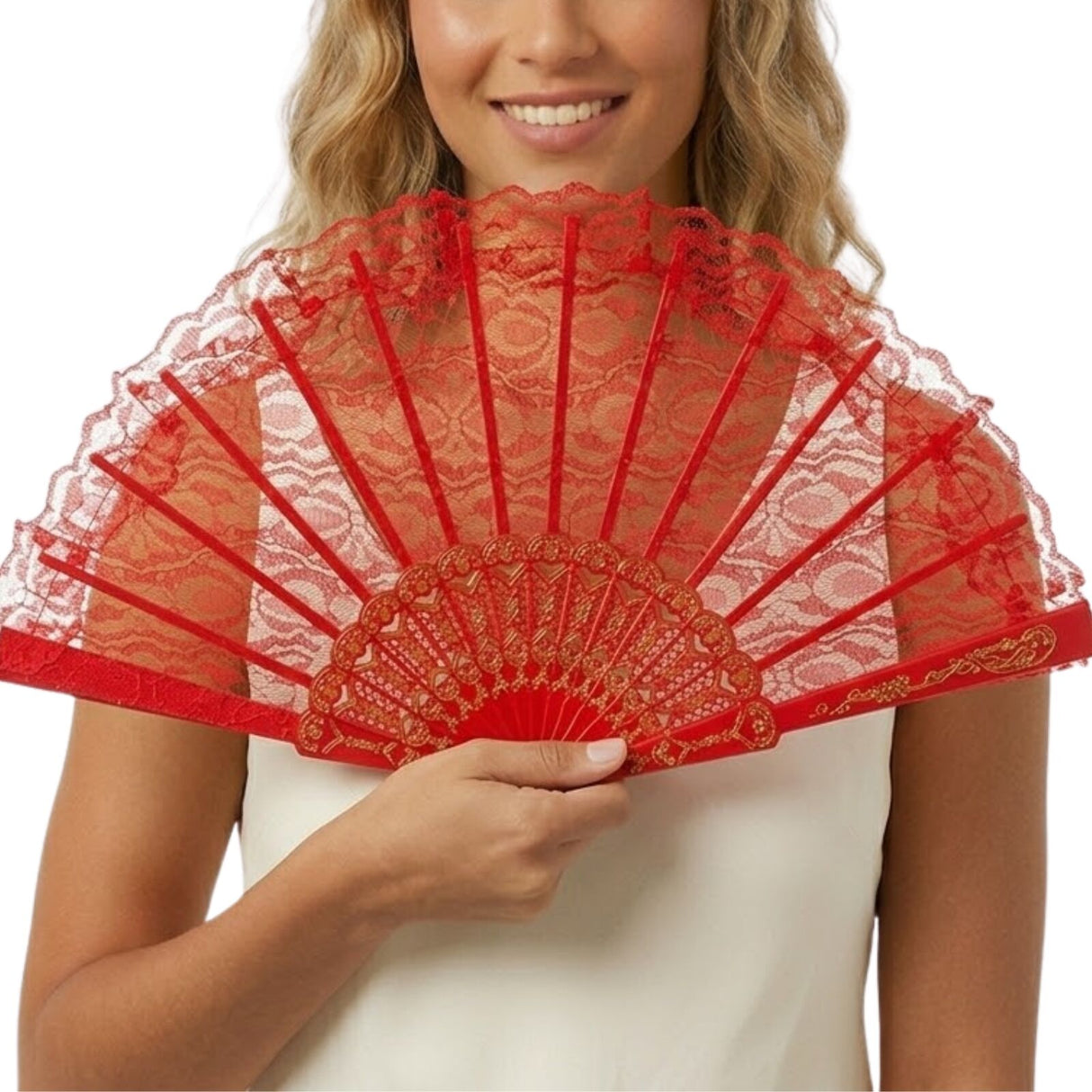 Red Lace Hand Fan - Folding Spanish Flamenco Costume/Vintage Wedding Accessory
