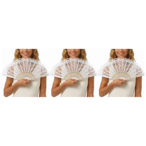 3x White Lace Hand Fan Pack - Folding Vintage Bridal & Wedding Accessory/Spanish Flamenco Costume