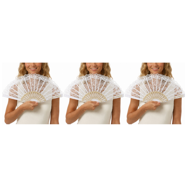 3x White Lace Hand Fan Pack - Folding Vintage Bridal & Wedding Accessory/Spanish Flamenco Costume