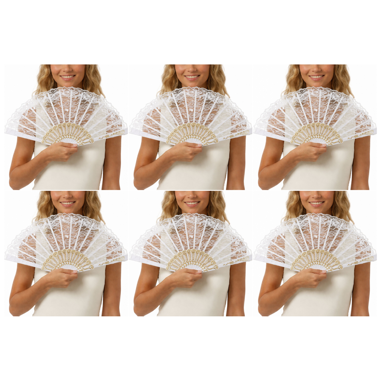 6x White Lace Hand Fan Bulk Pack - Folding Vintage Bridal & Wedding Accessory/Spanish Flamenco Costume