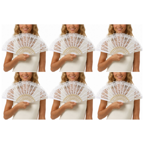6x White Lace Hand Fan Bulk Pack - Folding Vintage Bridal & Wedding Accessory/Spanish Flamenco Costume