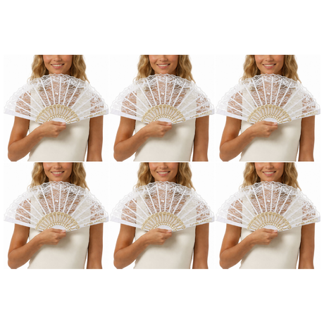 6x White Lace Hand Fan Bulk Pack - Folding Vintage Bridal & Wedding Accessory/Spanish Flamenco Costume
