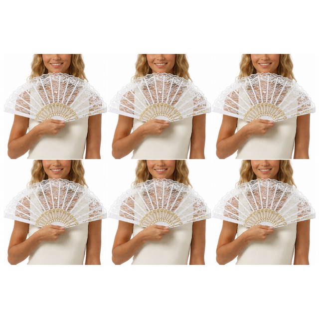 6x White Lace Hand Fan Bulk Pack - Folding Vintage Bridal & Wedding Accessory/Spanish Flamenco Costume