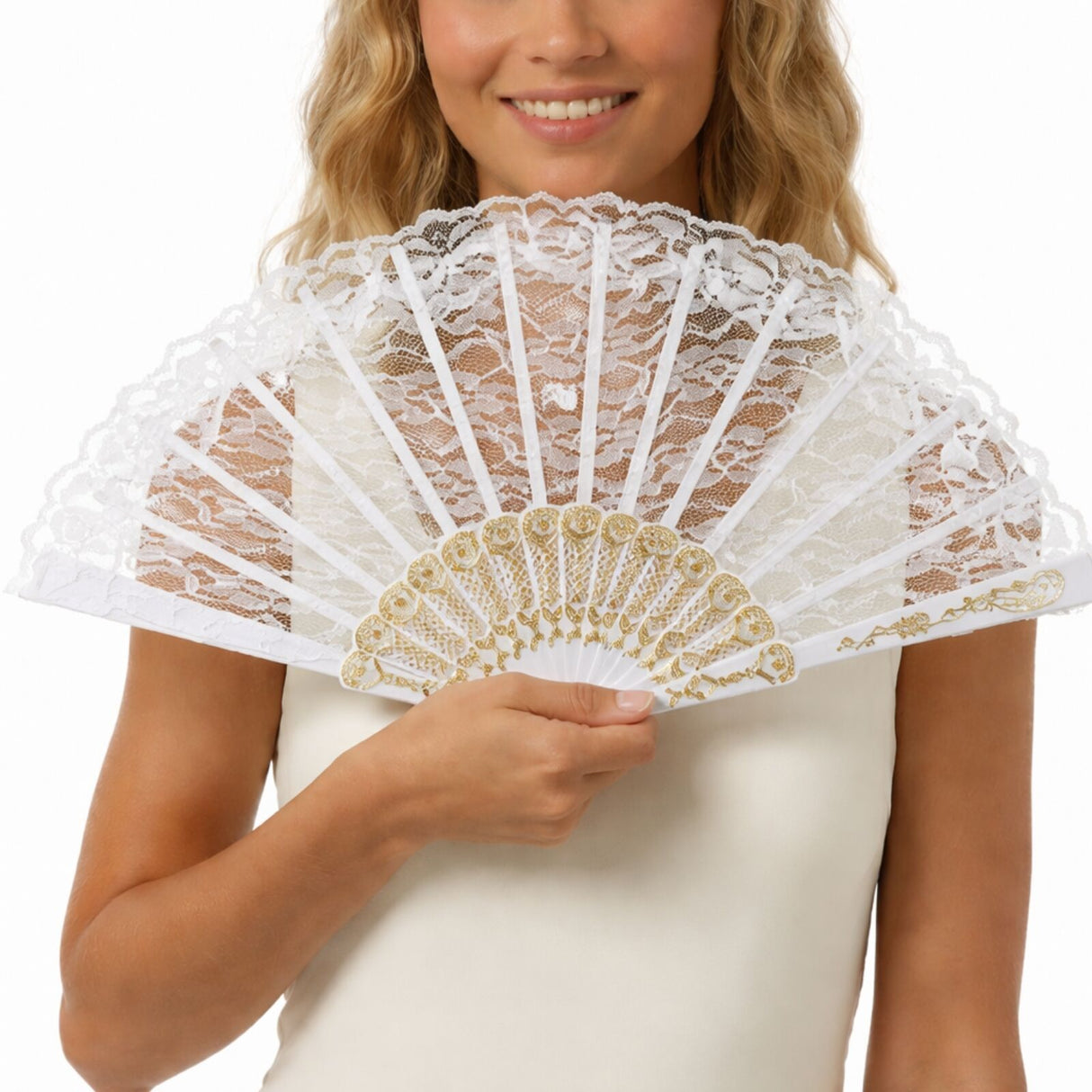 White Lace Hand Fan - Folding Vintage Bridal & Wedding Accessory/Spanish Flamenco Costume