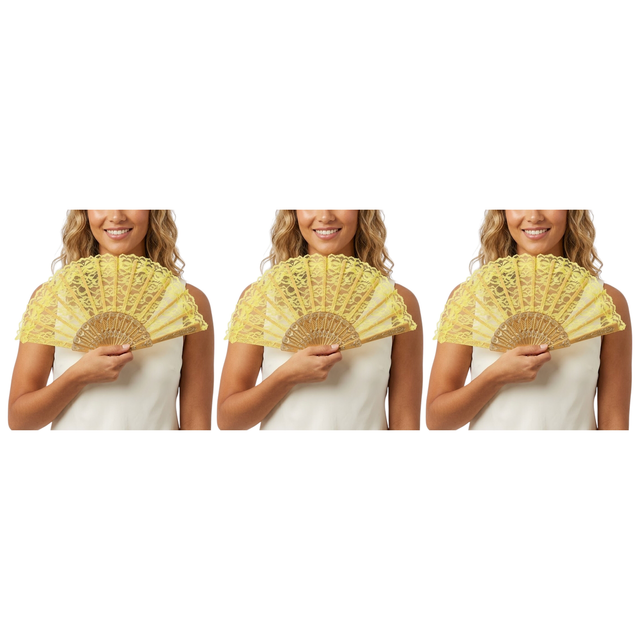 3x Yellow Lace Hand Fan Pack - Folding Spanish Flamenco Costume/Vintage Wedding Accessory