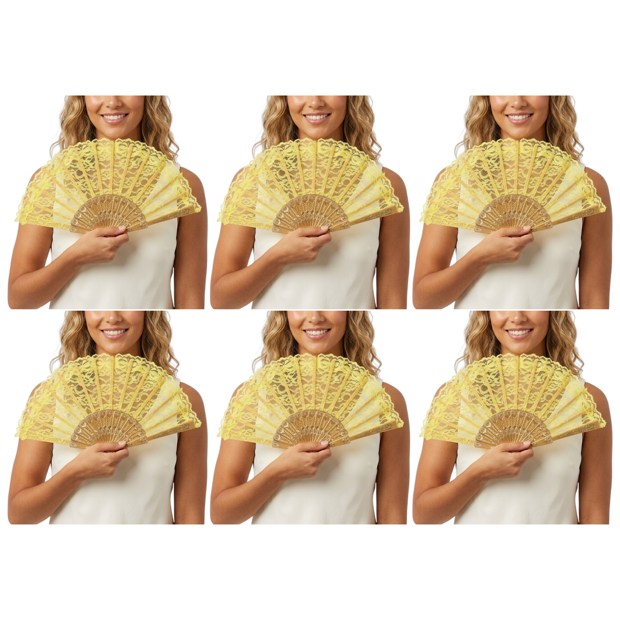 6x Yellow Lace Hand Fan Bulk Pack - Folding Spanish Flamenco Costume/Vintage Wedding Accessory
