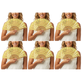 6x Yellow Lace Hand Fan Bulk Pack - Folding Spanish Flamenco Costume/Vintage Wedding Accessory