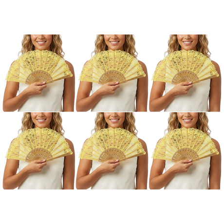 6x Yellow Lace Hand Fan Bulk Pack - Folding Spanish Flamenco Costume/Vintage Wedding Accessory