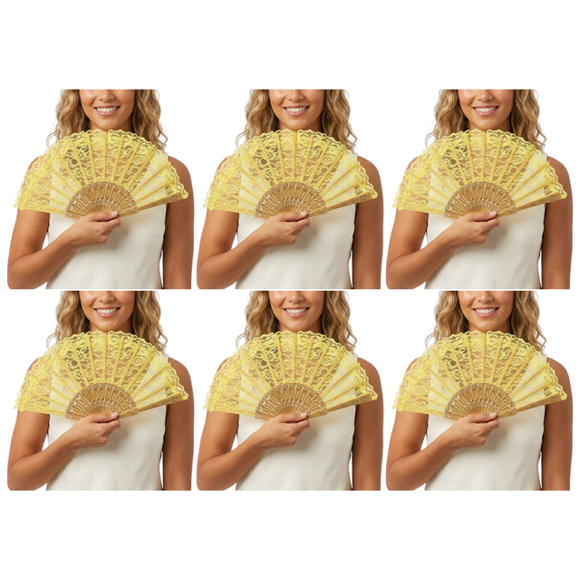 6x Yellow Lace Hand Fan Bulk Pack - Folding Spanish Flamenco Costume/Vintage Wedding Accessory