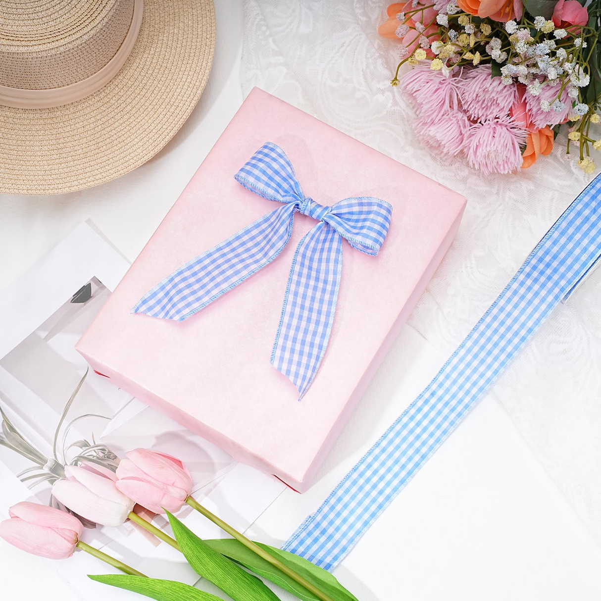 2 Metre Gingham Ribbon for Gift Wrapping, Decorations & More in Blue Check