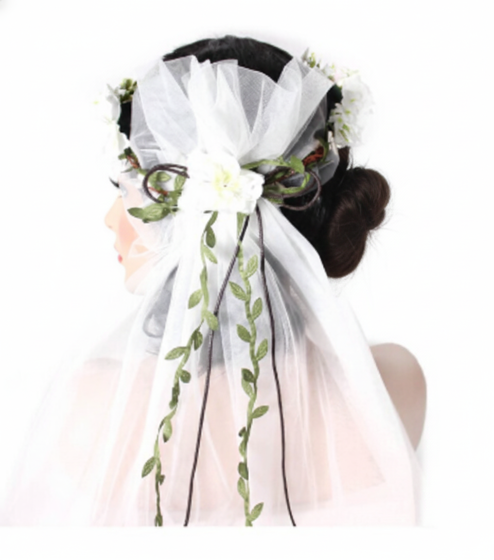 Deluxe Flower Crown w VEIL HEADBAND White Bride To Be Bridal Shower Bachelorette