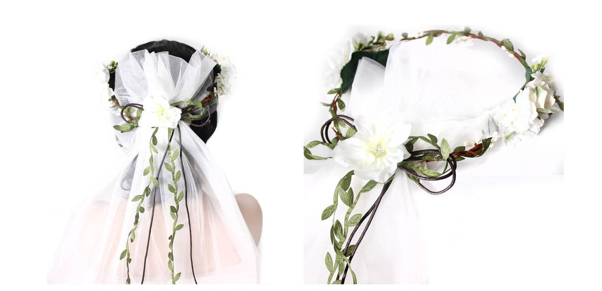 Deluxe Flower Crown Veil Headband - White Bride to Be (Hens Night/Bridal Shower Bachelorette)