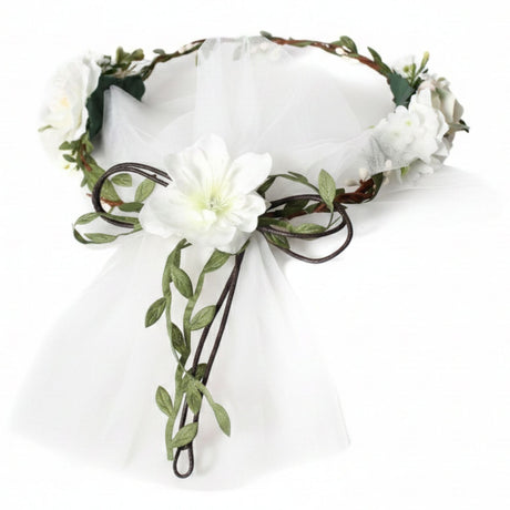 Deluxe Flower Crown w VEIL HEADBAND White Bride To Be Bridal Shower Bachelorette