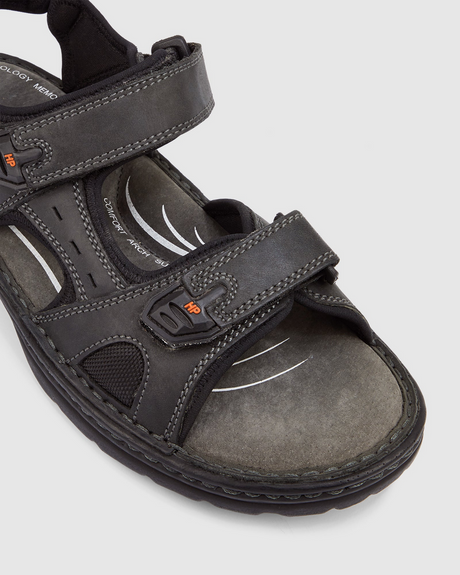 Hush Puppies Simmer Mens Leather Sandals w/ Adjustable Strap - Black