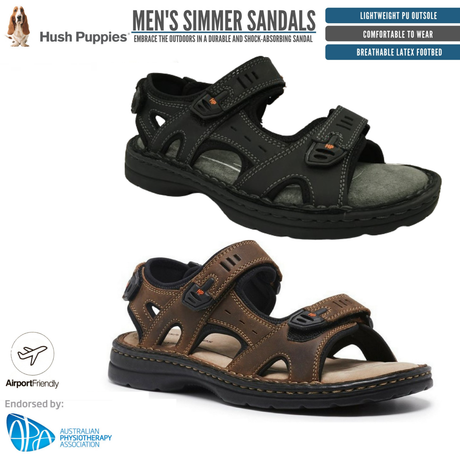 HUSH PUPPIES SIMMER Mens Leather Adjustable Strap Comfort Sandals Shoes - Black