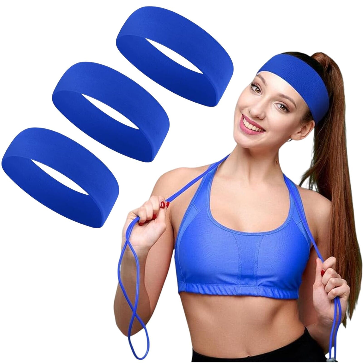 3x Blue Sports Headband Pack - 8cm Elastic Stretch Hair Band (Yoga/Gym)
