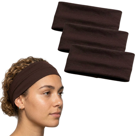 3x Brown Sports Headband Pack - 8cm Elastic Stretch Hair Band (Yoga/Gym)