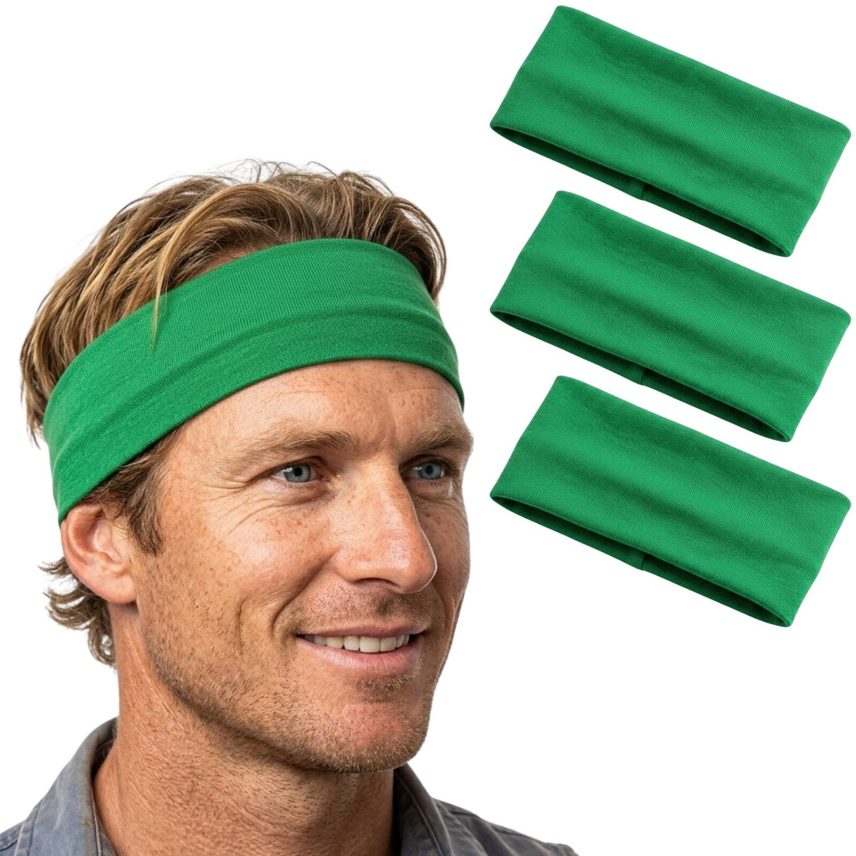3x Green Sports Headband Pack - 8cm Elastic Stretch Hair Band (Yoga/Gym)