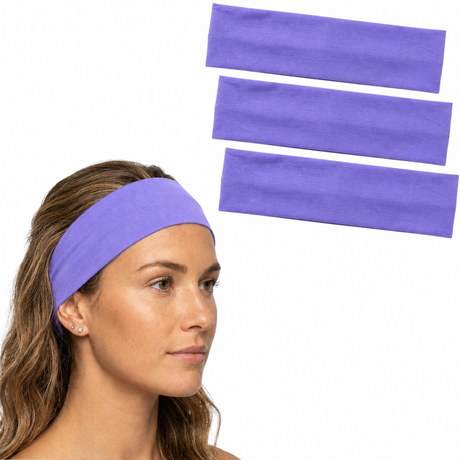 3x Purple Sports Headband Pack - 8cm Elastic Stretch Hair Band (Yoga/Gym)