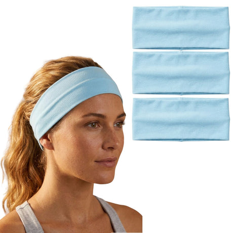 3x Sky Blue Sports Headband Pack - 8cm Elastic Stretch Hair Band (Yoga/Gym)