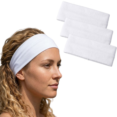3x White Sports Headband Pack - 8cm Elastic Stretch Hair Band (Yoga/Gym)