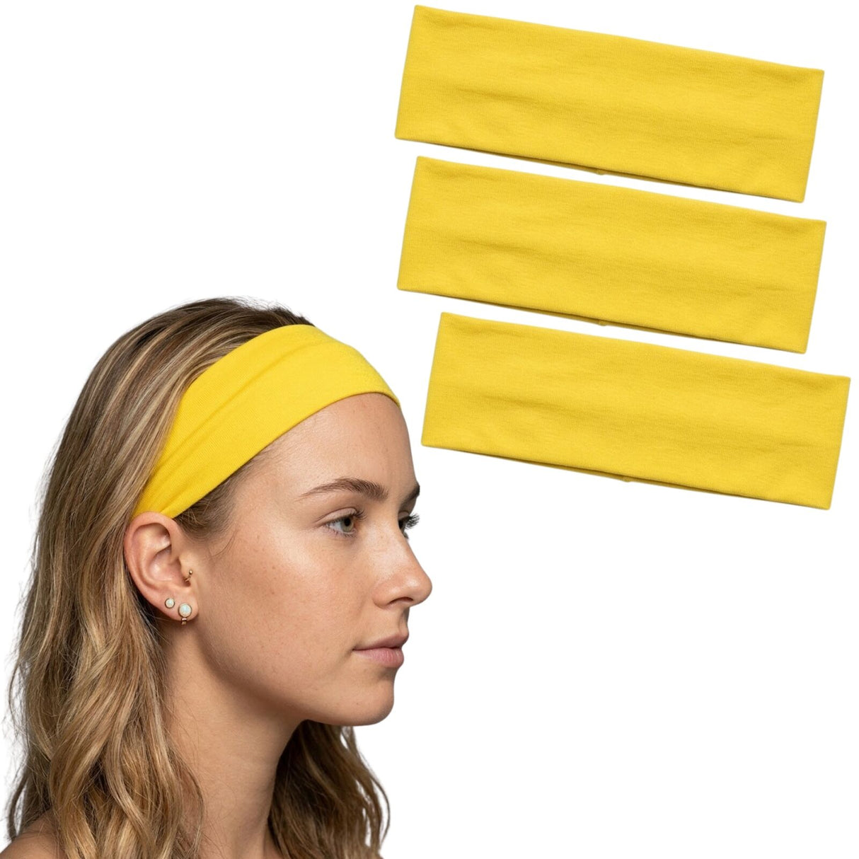 3x Yellow Sports Headband Pack - 8cm Elastic Stretch Hair Band (Yoga/Gym)