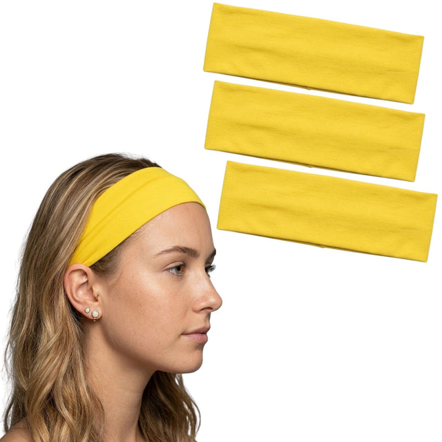 3x Yellow Sports Headband Pack - 8cm Elastic Stretch Hair Band (Yoga/Gym)