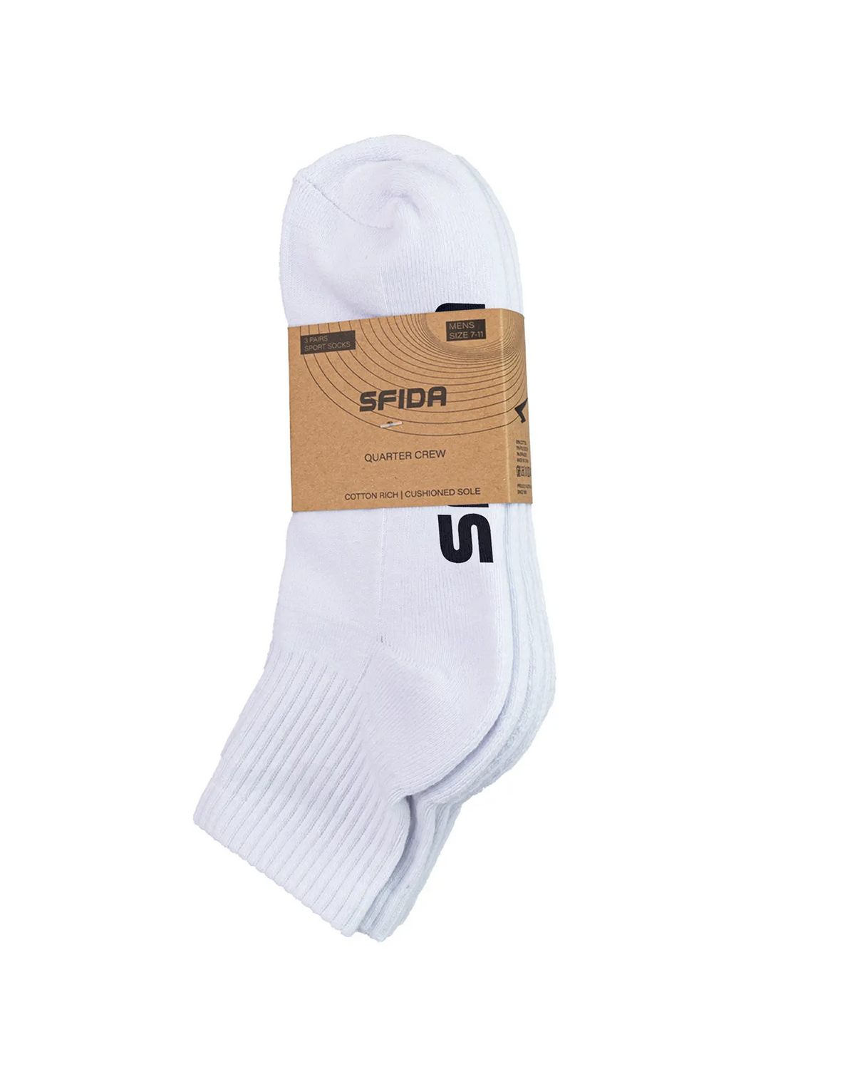 Sfida Mens Quarter Crew Sports Socks 3 Pair Pack - White (Cotton Rich)