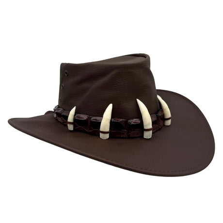 Jacaru 150 Ayers Croc Kangaroo Leather Hat - Crocodile Teeth Hatband Water Resistant & UPF 50+ (Made in Australia) - Brown