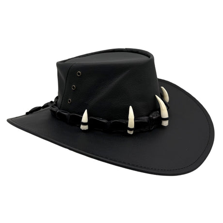 Jacaru 150 Ayers Croc Kangaroo Leather Hat - Crocodile Teeth Hatband Water Resistant & UPF 50+ (Made in Australia) - Black