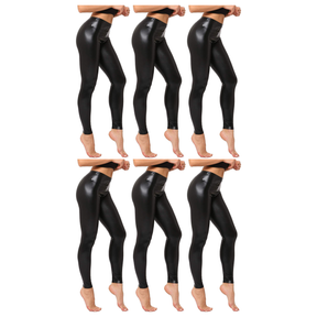6x Adult Black Metallic Leggings Bulk Pack - Shiny Neon Pants for Dance Costume/80s Retro Party