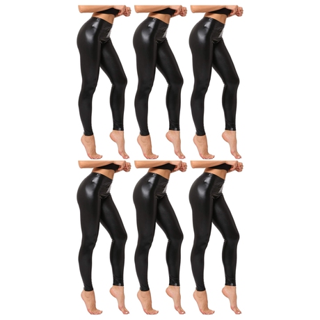 6x Adult Black Metallic Leggings Bulk Pack - Shiny Neon Pants for Dance Costume/80s Retro Party