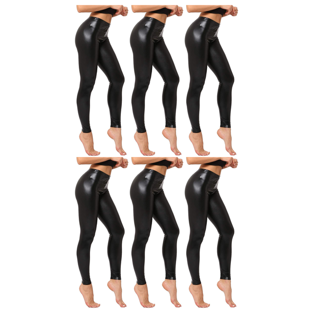 6x Adult Black Metallic Leggings Bulk Pack - Shiny Neon Pants for Dance Costume/80s Retro Party