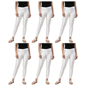 6x Adult White Metallic Leggings Bulk Pack - Shiny Neon Pants for Dance Costume/80s Retro Party