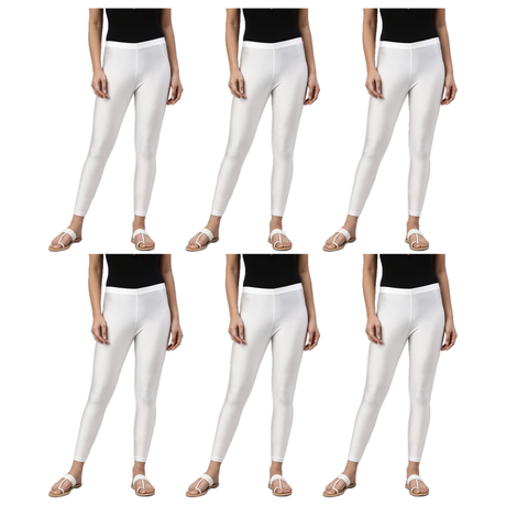 6x Adult White Metallic Leggings Bulk Pack - Shiny Neon Pants for Dance Costume/80s Retro Party