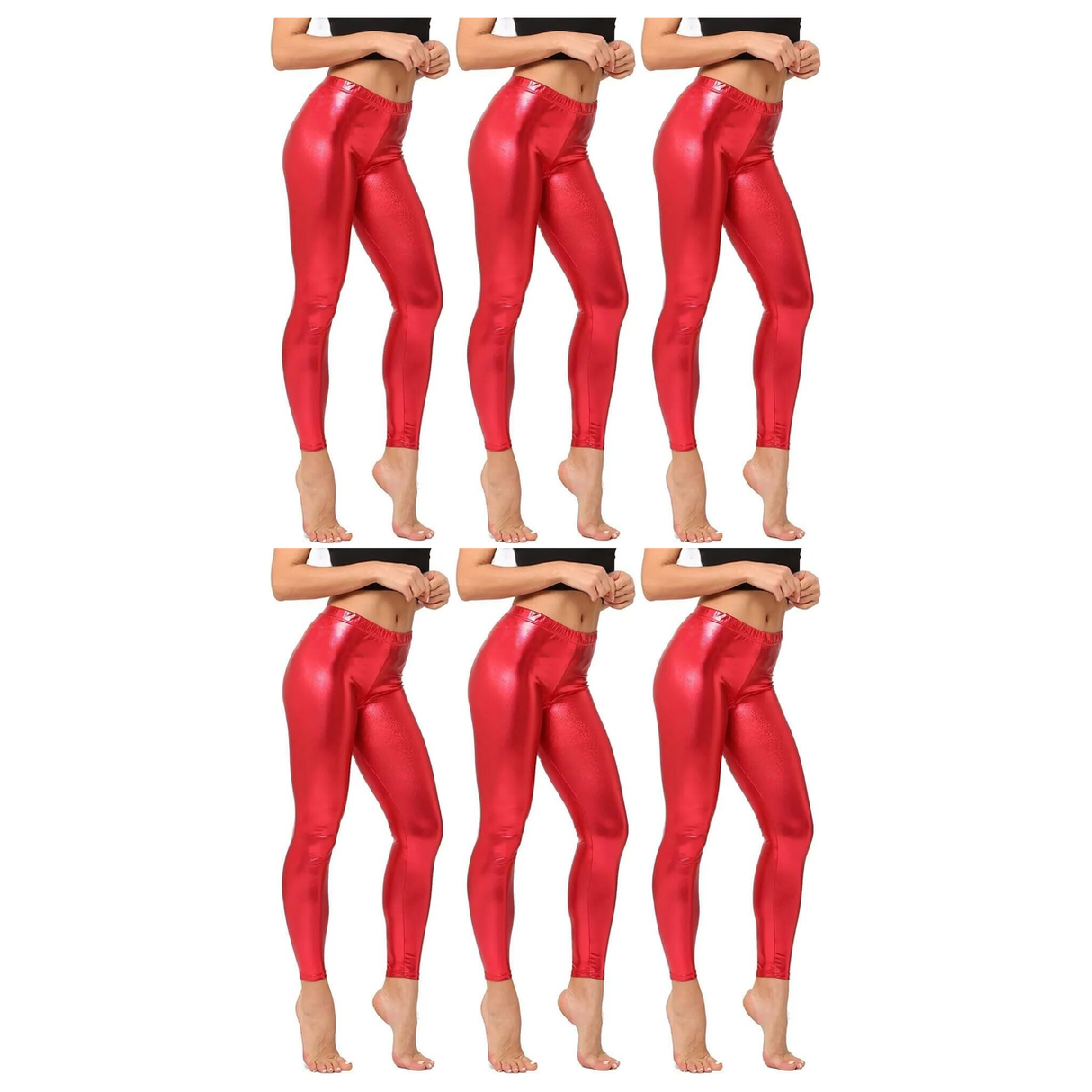 6x Adult Red Metallic Leggings Bulk Pack - Shiny Neon Pants for Dance Costume/80s Retro Party