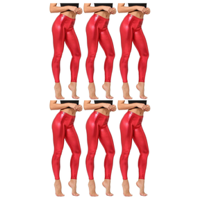 6x Adult Red Metallic Leggings Bulk Pack - Shiny Neon Pants for Dance Costume/80s Retro Party
