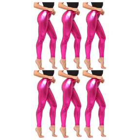 6x Adult Hot Pink Metallic Leggings Bulk Pack - Shiny Neon Pants for Dance Costume/80s Retro Party