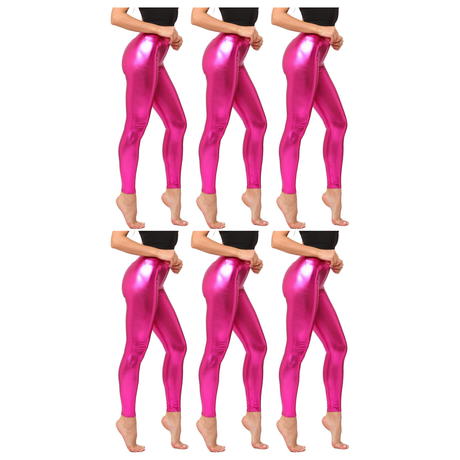 6x Adult Hot Pink Metallic Leggings Bulk Pack - Shiny Neon Pants for Dance Costume/80s Retro Party