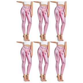 6x Adult Pink Metallic Leggings Bulk Pack - Shiny Neon Pants for Dance Costume/80s Retro Party