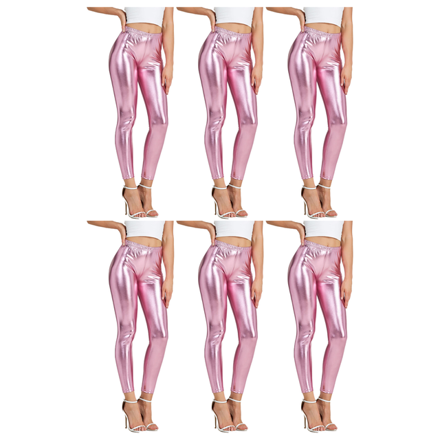 6x Adult Pink Metallic Leggings Bulk Pack - Shiny Neon Pants for Dance Costume/80s Retro Party