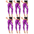 6x Adult Purple Metallic Leggings Bulk Pack - Shiny Neon Pants for Dance Costume/80s Retro Party
