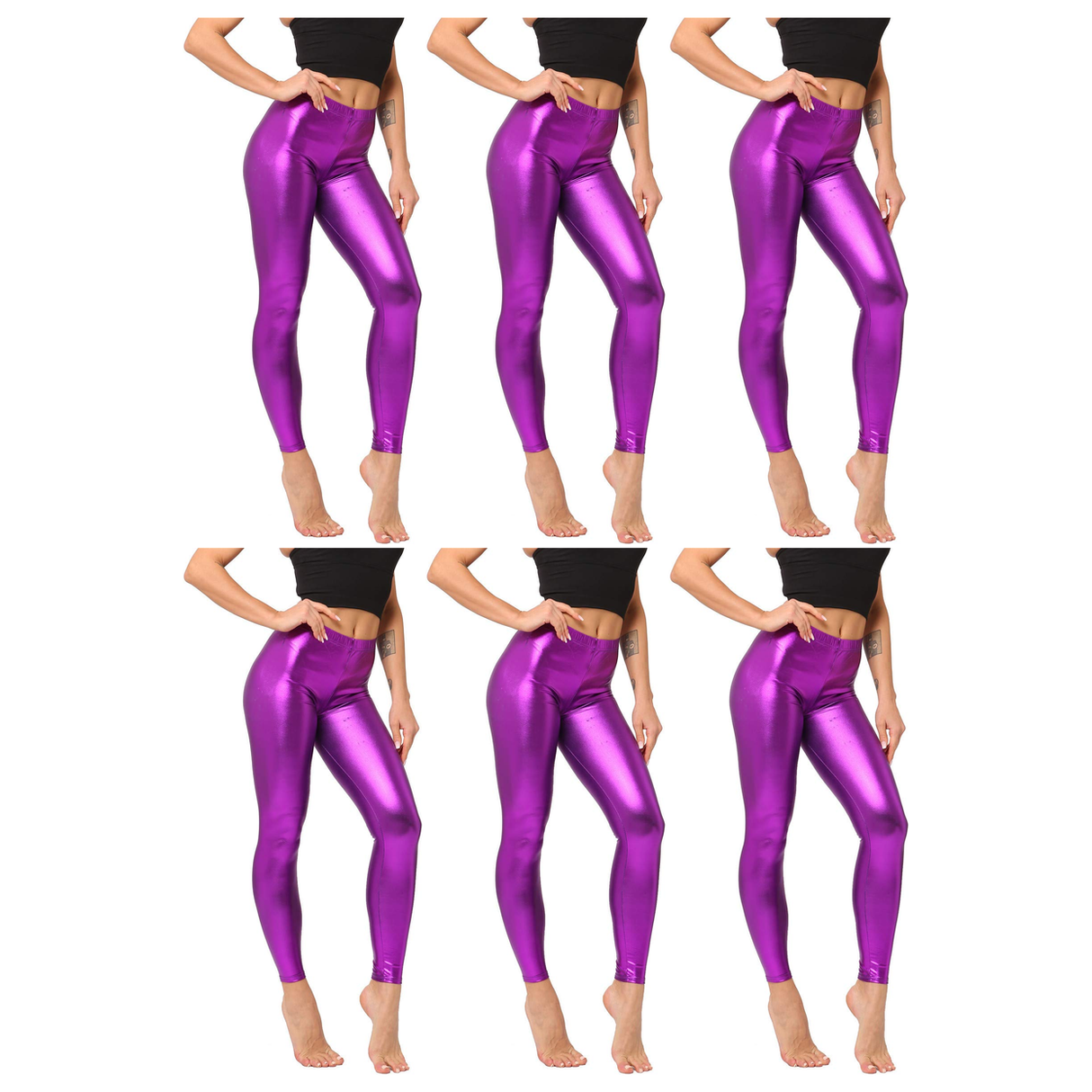 6x Adult Purple Metallic Leggings Bulk Pack - Shiny Neon Pants for Dance Costume/80s Retro Party