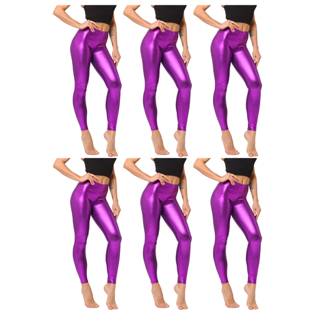 6x Adult Purple Metallic Leggings Bulk Pack - Shiny Neon Pants for Dance Costume/80s Retro Party