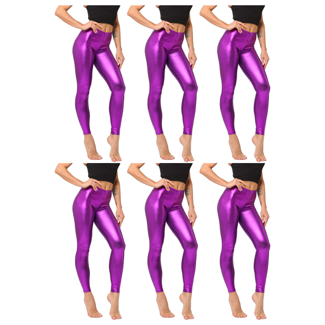 6x Adult Purple Metallic Leggings Bulk Pack - Shiny Neon Pants for Dance Costume/80s Retro Party