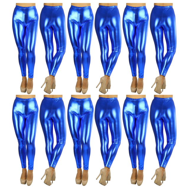 6x Adult Blue Metallic Leggings Bulk Pack - Shiny Neon Pants for Dance Costume/80s Retro Party