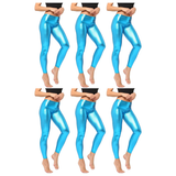 6x Adult Light Blue Metallic Leggings Bulk Pack - Shiny Neon Pants for Dance Costume/80s Retro Party