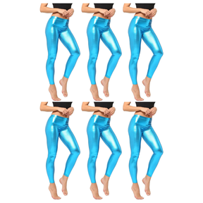 6x Adult Light Blue Metallic Leggings Bulk Pack - Shiny Neon Pants for Dance Costume/80s Retro Party