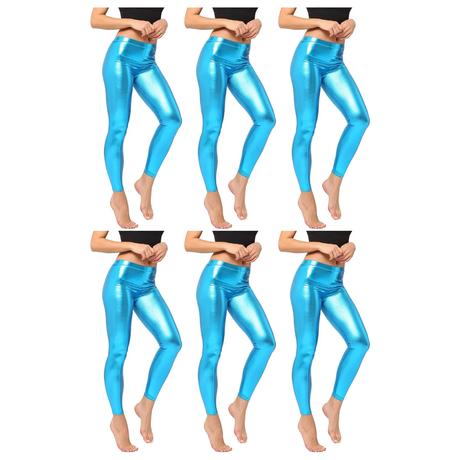 6x Adult Light Blue Metallic Leggings Bulk Pack - Shiny Neon Pants for Dance Costume/80s Retro Party